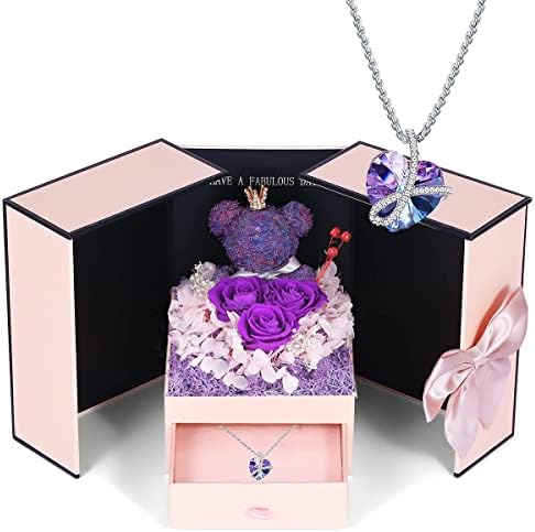Preserved Purple Rose Moss Bear with Purple heart crystal necklace, Gifts for Women,Girlfriend,Wife,Mum,Gifts for her on Birthday, Anniversary, Valentine's Day, Mother's Day, Christmas