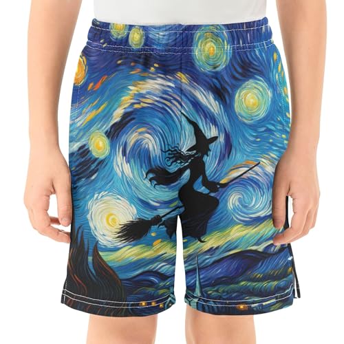 Starry Night Witch Floral Youth Boys Shorts Casual Cute Sport Shorts Elastic Waist Pjs Kids Clothes 7-82