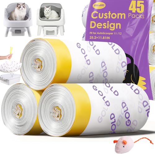45 Count Automatic Cat Litter Box Bags for Pet Pivot AutoScooper 11/12 Open-Top Self-Cleaning Cat Litter Box Heavy Duty Leak-Proof Drawstring Design Unscented 25.19 x 11.8