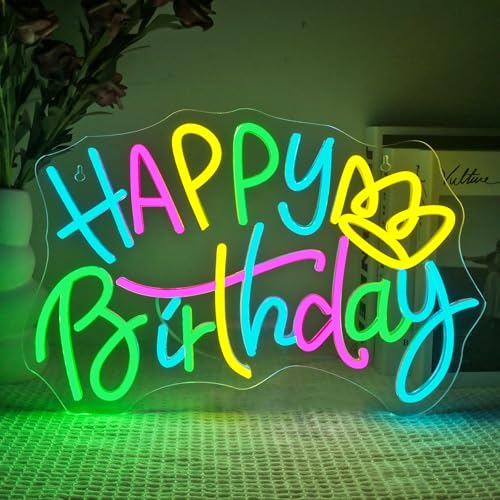 SIGNSHIP Happy Birthday Crown Neon Sign, Letrero LED de Cumpleaños Regulable para Decoración de Paredes,Luces Neon de Letras LED para Decoración de Paredes, Decoración de Fiestas de Cumpleaños