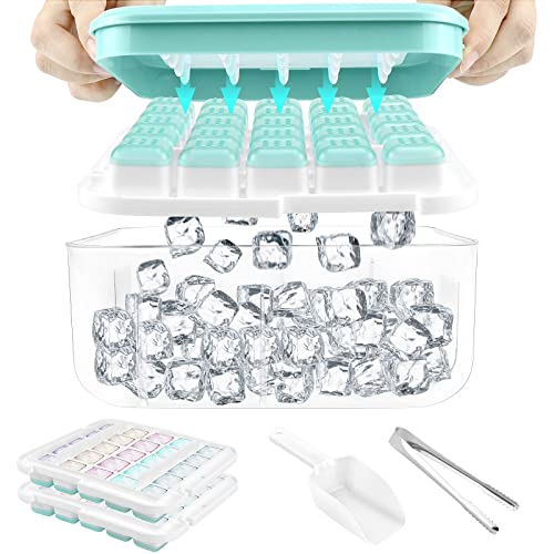 Hysagtek Ice Cube Tray with Lid and Bin, Silicone Ice Cube Moulds Food-Grade Press Type Reusable 50 Ice Cube Trays Maker for Freezer, with Scoop and Ice Tong