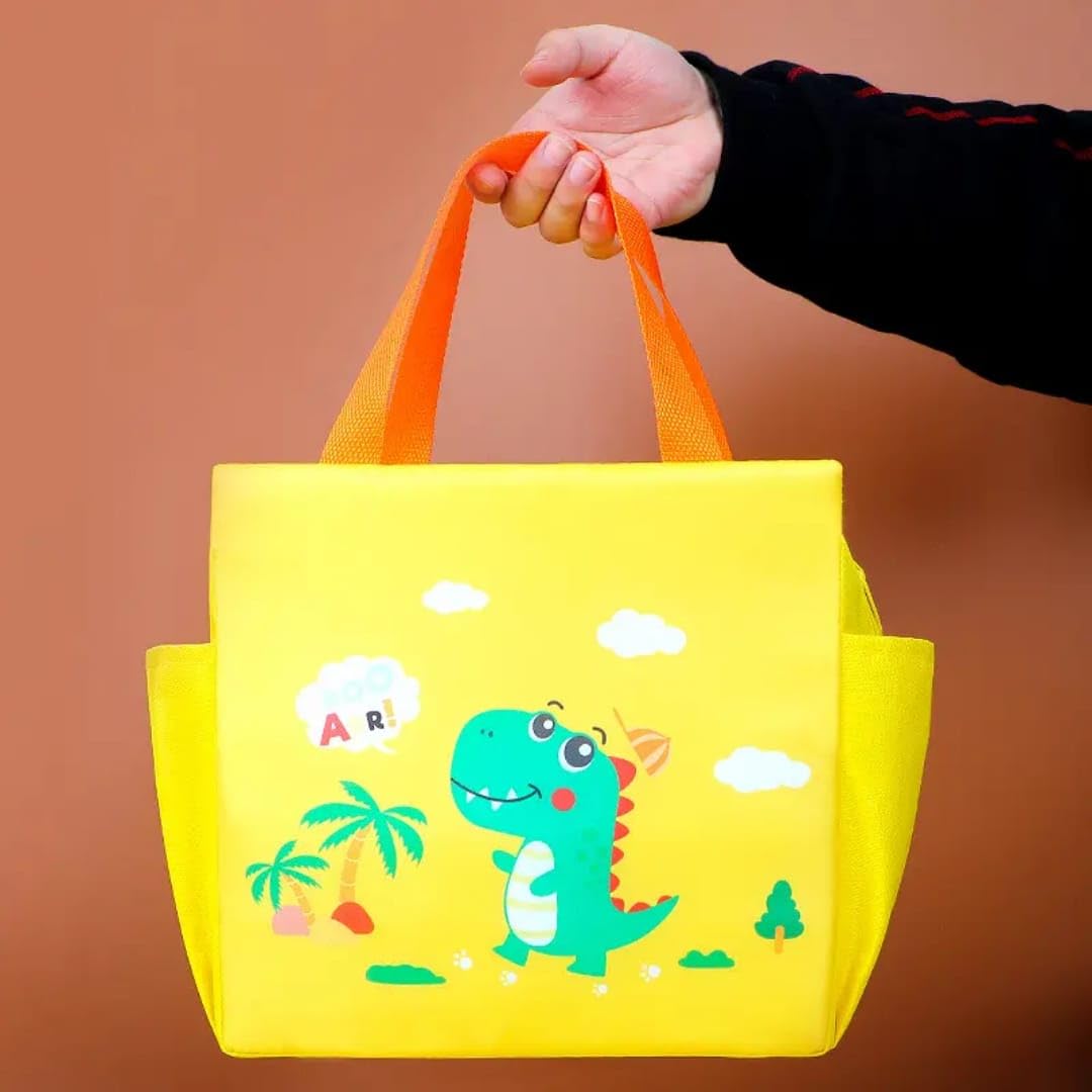 CoolKraft Lunch Box Bag for School Kids, Girls, Boys, Animal 3D Design Bag, Organize Store Hot & Cold Insulated Portable Tiffin Bag 25 x 13 x 25 cm (Dino Yellow Big) 3