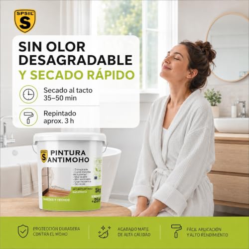 Miniatura 5 de Spsil Pintura Antimoho - Previene La Aparición De Moho - Idel Para Cocina, Baño, Garaje - Uso Interior Exterior - Sin Olor Desagradable - Secado En 2h Blanco 1 Kg