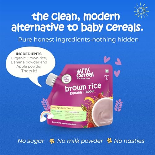 Image of Happa Brown Rice Apple Banana Cereal for Babies | 3 Ingredients | No Sugar, Oil, Milk Powder, Flavours, Colours | Cooks in 3 Minutes | Stage 2 (6 Months+) | 200g Pack