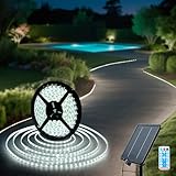 Solar LED Strip Lights Outdoor Waterproof 6000K White Solar Rope Light 32.8 FT with 8 Modes Remote Control Dusk to Dawn Self-Adhesive Cuttable Decorative Lighting for Step, Garden, Pool