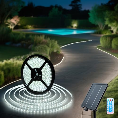 Solar LED Strip Lights Outdoor 6000K White Solar Rope Light 32.8 FT Waterproof with 8 Modes Remote Control Dusk to Dawn Self-Adhesive Cuttable Decorative Lighting for Step, Garden, Pool