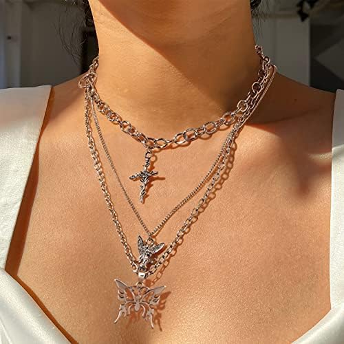 PHOGARY 2 Pieces Chain Necklace Egirl Chains Statement Butterfly Pendant Necklace Sliver Set, Eboy Long Multilayer Chains Cool Punk Choker Padlock Necklaces Fashion Hip Hop Jewelry for Men Women