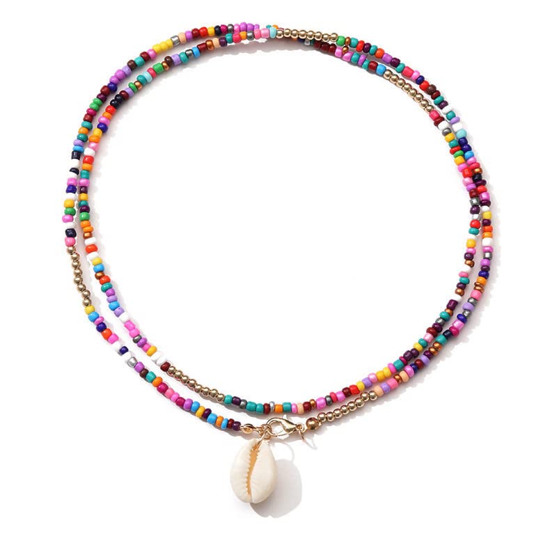 Bkemkri Bohemio Collar de Conchas, Boho Seeds Bead Gargantilla Collar Gargantilla de Oro, Ajustable Collar de Perlas Collar con Cuentas para Mujeres y Niñas, Multicolor Shell Colgante Accesorios de Joyería