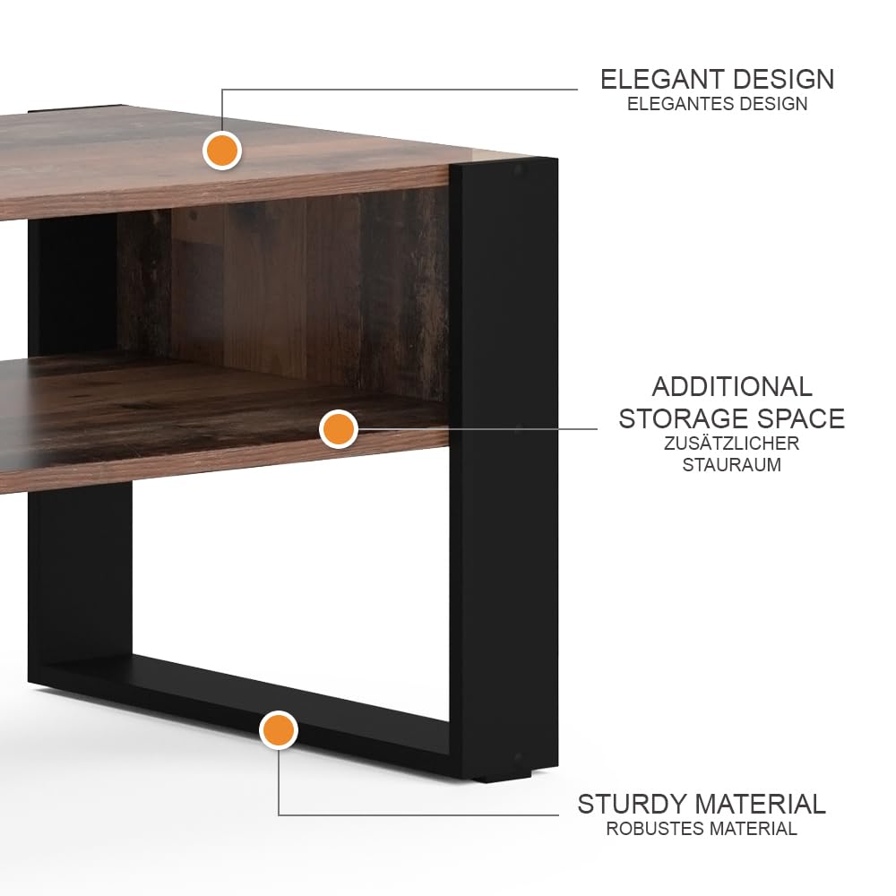Vicco Mesa de Centro Olli, Madera Antigua, 92 x 52.4 cm | con estante, para guardar revistas y controles remotos