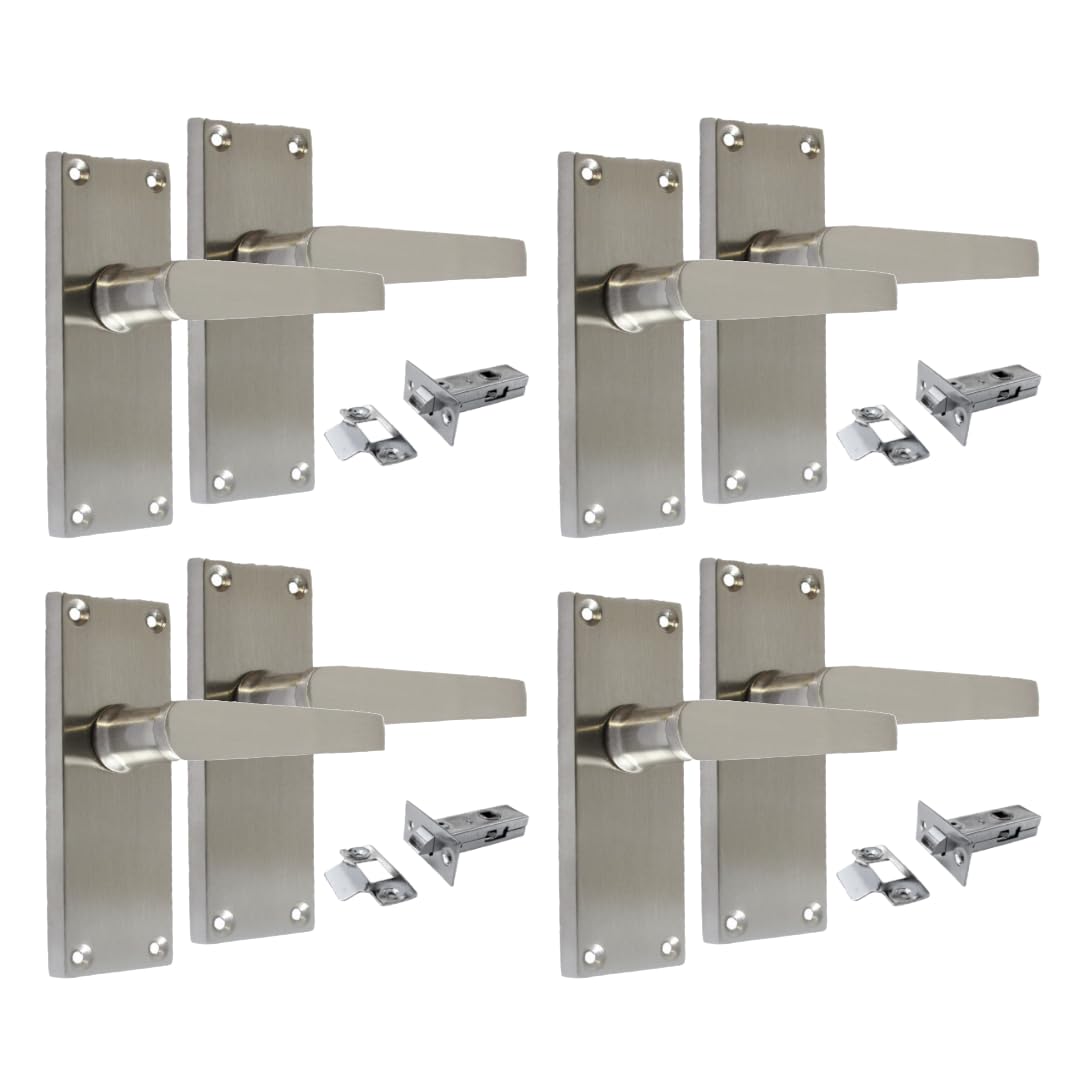 Epsom Door Handle Satin Nickel Straight Door Handle Set - Victorian Style Internal and External Lever Door Handles with Backplate 118mm x 42mm Sets (4 Pair of Latch Handles + Tubular Latch)