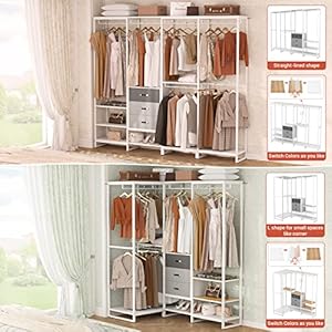 Aheaplus Wood Clothes Rack Wardrobe Closet for Hanging Clothes Heavy Duty Garment Rack, Large Corner L Shaped Closet System Organizer Walk-in Closet for Bedroom with 3 Wood Drawers,-S1, White and Grey Aheaplus Wood Clothes Rack Wardrobe Closet for Hanging Clothes Heavy Duty Garment Rack Large Corner L Shaped Closet System Organizer Walk in Closet for Bedroom with 3 Wood Drawers S1 White and Grey