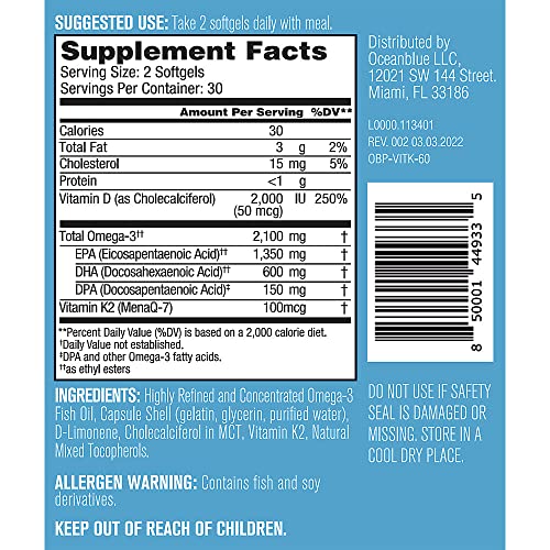 Oceanblue Omega-3 2100 With Vitamin K2 And D3 – 60 Ct – Triple Strength Burpless Fish Oil Supplement With High-Potency Epa And Dha, And Vitamin K2 And Vitamin D3 – Orange (30 Servings) #TOP1