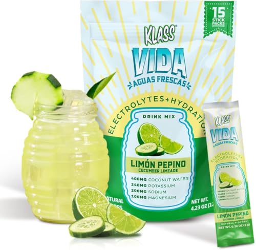 KLASS VIDA Daily Hydration Cucumber Limeade Agua Fresca Electrolyte Powder Packets | Sugar Free Electrolyte Drink Mix | Hydration Packets with Coconut Water & Minerals | 15 Stick Packs