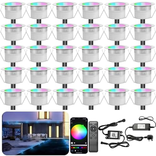 INDARUN RGBW WiFi Led Decking Lights Waterproof IP67 Ø31MM 12V - Led Plinth Light Kits for Terrace/Patio/Path/Wall/Garden/Indoor Outdoor Decor, 30 Packs