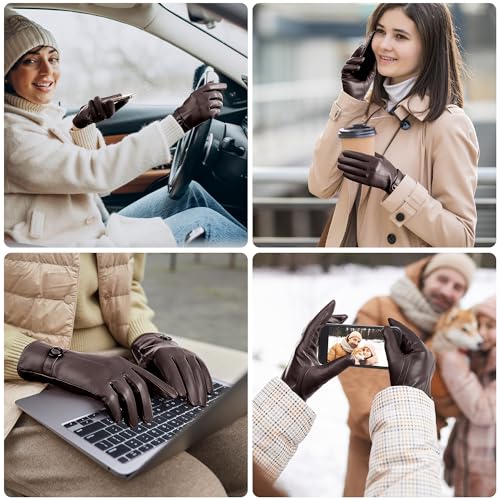 Womens Winter Leather Gloves Touchscreen Texting Warm Driving Lambskin Gloves (Brown, XXL) - Thumbnail 7