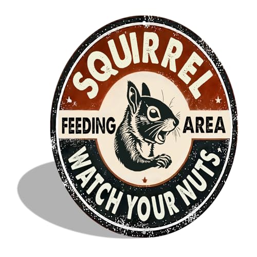 Vintage Style Squirrel Feeding Area Aluminum Sign - Outdoor Wall Decor, Home, Cafe, Living Room Wall Decoration, Funny Watch Your Nuts Retro Plaque 8 In (2530)