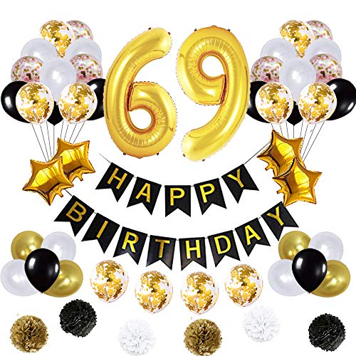 yujiaonly 69 Birthday Decorations Ballons Happy Birthday Banner pom pom Flowers Gold Mylar Balloon Latex Balloons Number 69 Foil Ballons Gold