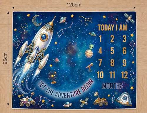 Image of Baby Monthly Milestone Photoshoot Blanket with Milestone Cards, Cotton, 115x95 cm, Animal Theme, 1-12 Months (Space)