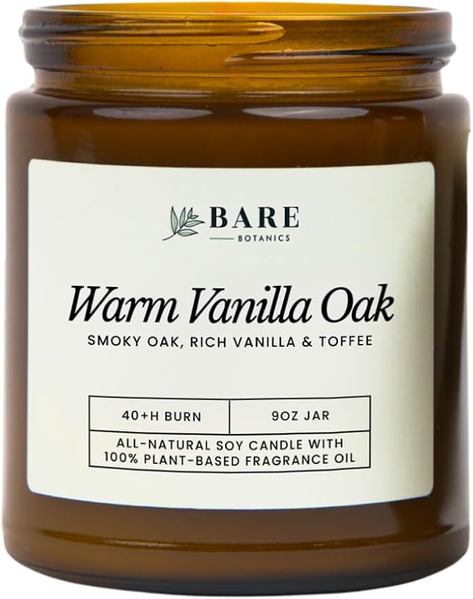 Bare Botanics Warm Vanilla Oak 9oz Soy Candle - 100% Plant-Based Fragrance Oils - Premium, Non-Toxic Candle - Softly Scented Natural Soy Wax - Handpoured in WI - 40 Hrs Long Burning & Ready to Gift