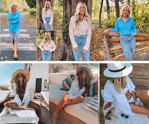 Womens Button Down Shirts Cotton Dress Shirt Long Sleeve Oversized Boyfriend Solid Tunic Tops with Pockets4