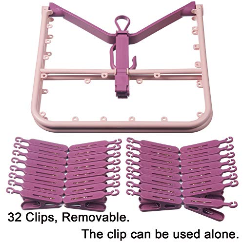 Foldable Clip Hangers with 32 Clothespin Drying Clips,Laundry Clip Drip Drying Hanger for Underwear Socks Bras Lingerie Clothes(Pink)