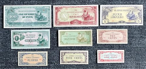 Myanmar Set of 9 Banknotes 1, 5, 10 Cents & 1/4, 1/2, 1, 5, 10 Rupees - Vintage