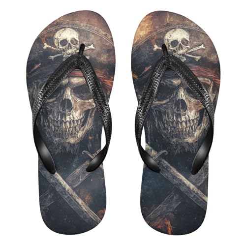 Sinestour Pirate Skull Orange Flip Flops for Beach Thong Sandals Anti-slip Lightweight Beach Slippers for Summer Swim Travel