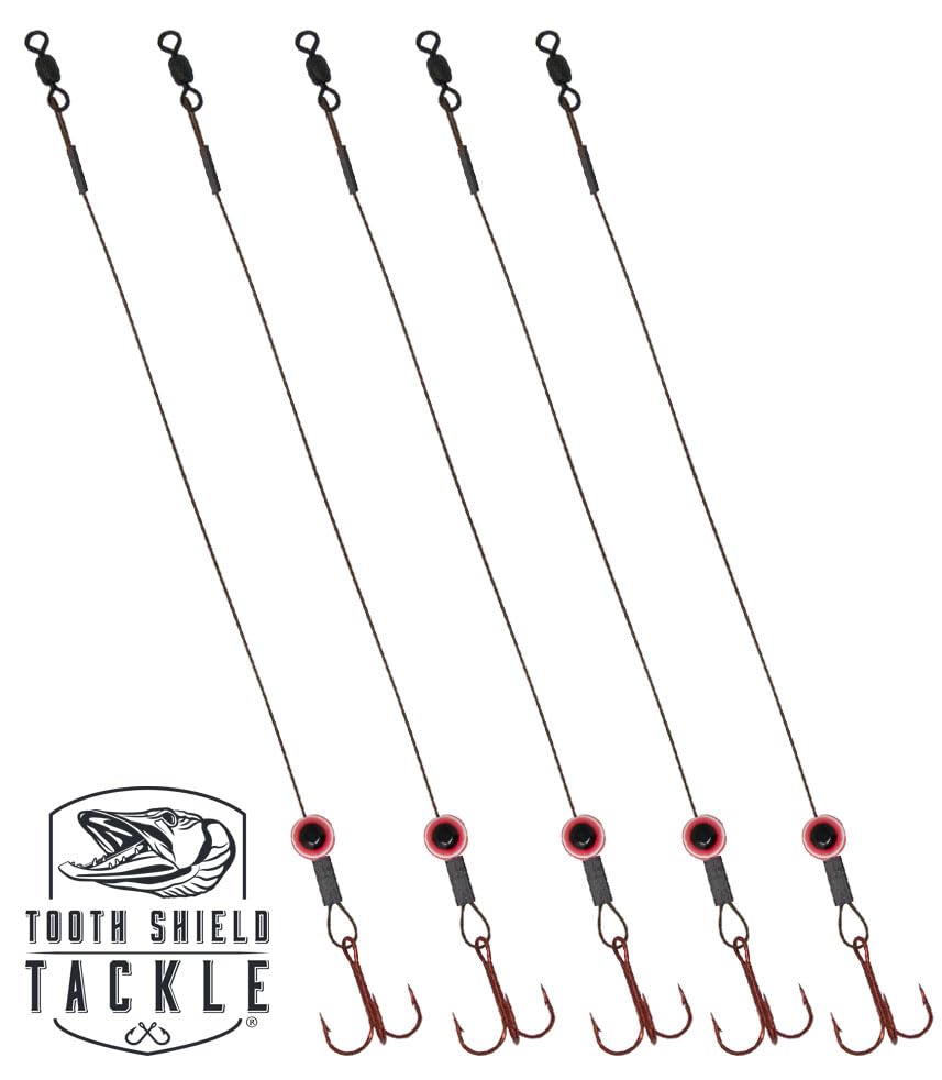 Tooth Shield Tackle Fish Eye Ice Fishing Tip Up Leader Rig (90 lb) Ice Fishing Sucker Walleye Pike Musky Predator Rig (5 Pack) (Camo/Red Fish Eye) (VMC # 4)