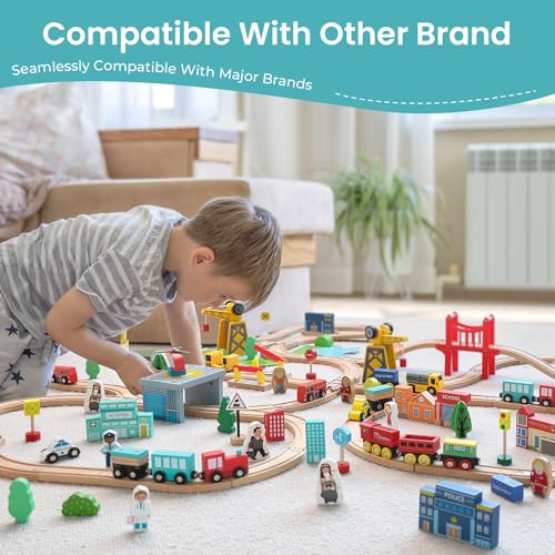 tiny land wooden train set for toddler - 39 pcs- with wooden tracks compatible with major brands - expandable changeable-train toy for 3 4 5 years old girls amp boys