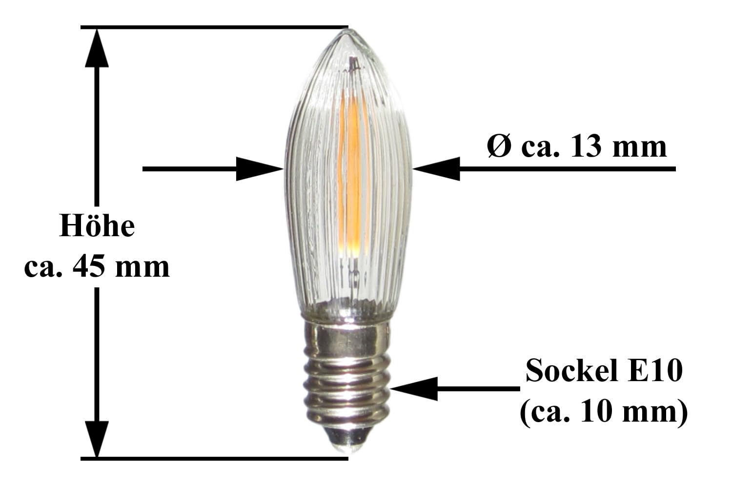 Erzgebirgslicht - AUSWAHL - 25 Stück LED Filament Topkerze 14-55 V 0,1 W für INNEN, für 4-16 Brennstellen E10 Riffelkerze Ersatzbirne Glühbirne Glühlämpchen für Lichterketten Pyramide Schwibbogen