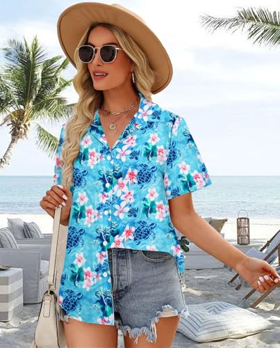 Womens Hawaiian Shirt Hawaii Button Down Shirts Palm Floral Tropical Vacation Outfits Casual Summer Trip Blouse Top3