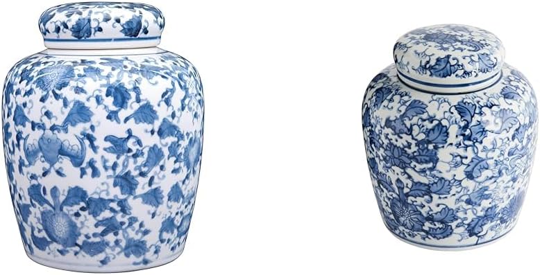 Decorative Blue and White Ceramic Ginger Jar with Lid Bundle