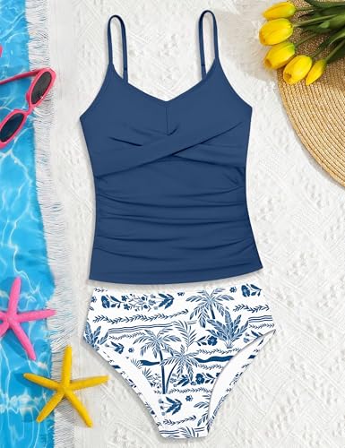 Image of Girls Swimsuit 2 Piece Bathing Suit Criss Cross Ruched Girl Tankini Sets Printed Girls' Swimwear for 9-18 Years