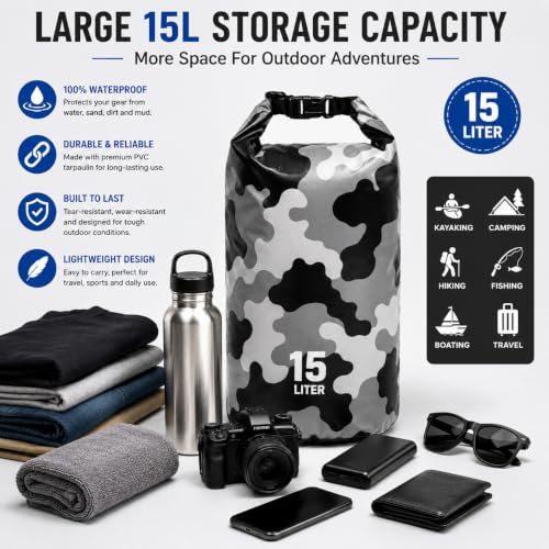 Image of Waterproof Dry Bag with Phone Case, 2L /3L /5L /10L /15L /20L /30L, Floating and Lightweight Bags for Kayaking Rafting Boating River Trekking-Multi Color (15 Liter Grey)