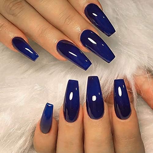 Fdesigner Coffin Fake Nails Ballerina False Nail Art Accessories Long Press on Nail Full Cover Ballerina Nails Acrylic Nail Decoration Artificial Nail Tips for Women and Girls (Navy)