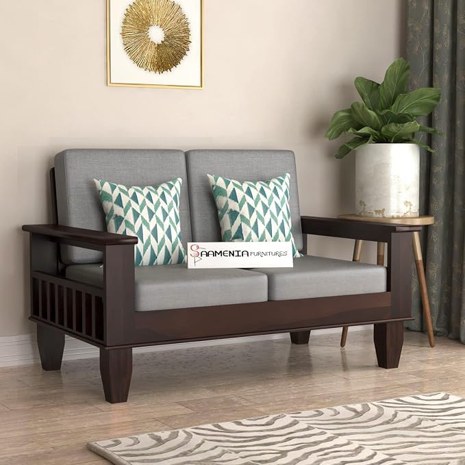 Image of Sheesham Wooden 2 Seater Sofa for Living Room | Rosewood 2 Seater Cushion Sofa with Side Newspaper Holder for Home & Office | Solid Wood Sofa Set for Lounge (Walnut Finish)