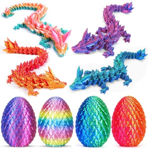 Ivrmtal 4PCS 3D Printed Dragon Eggs with Dragon Inside, 3D Printing Animals Fidget Dragon Toys for Kids & Adults Articulated Crystal Dinosaur Eggs Easter Basket Stuffers Easter Eggs for Kids