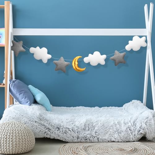 XunYee 5ft 3D Felt Cloud Decorations Hanging with Moon and Stars over The Moon Baby Shower Nursery Decor Cloud Wall Hanging Banner Garland for Wedding Gender Reveal Baby Shower Birthday Party by XunYee - Used condition - Image 6