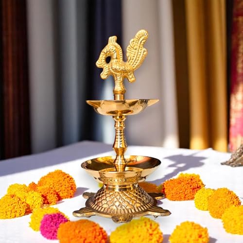 Image of Kerala Brass Peacock Head Tortoise Panchmukhi Diya for Pooja with Flower Holder | Small Size Kachua Kuthu Vilakku, Brass Diya for Pooja and Home, Office & Gifting | 6 Inches, 275 Grams
