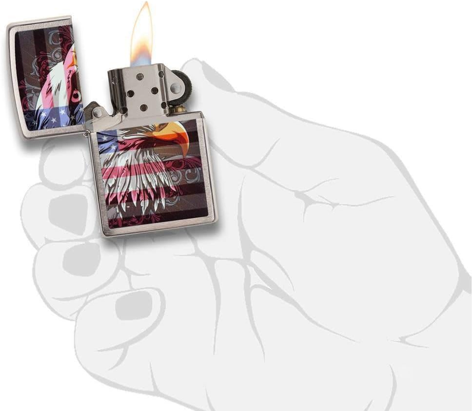 Zippo American Eagle and Flag Pocket Lighter, Brushed Chrome, Standard