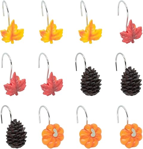 Miniatura 2 de Ganchos para cortina de ducha de otoño y otoño, accesorios de decoración de baño, metal a prueba de óxido, hojas de arce, calabazas, piñas, hojas de