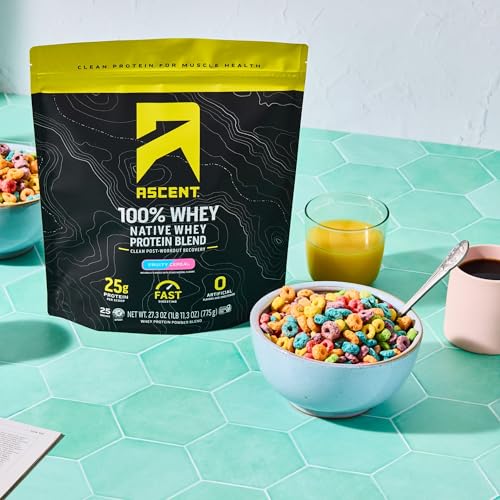 Image of Ascent 100% Whey Protein Powder - Post Workout Whey Protein Isolate, Zero Artificial Flavors & Sweeteners, Gluten Free, 5.5g BCAA, 2.6g Leucine, Essential Amino Acids, Fruity Cereal 1.7 lb