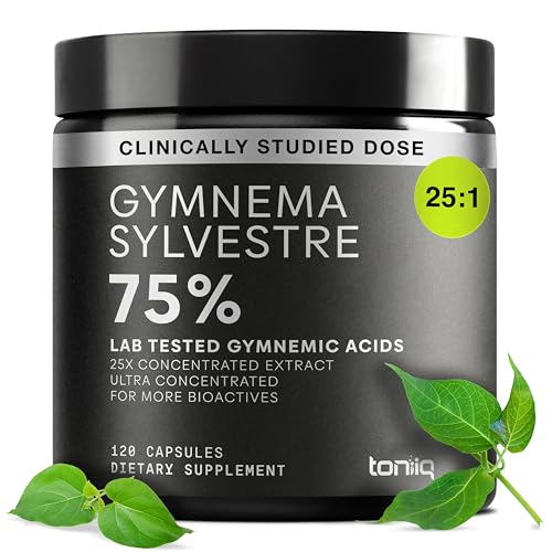 Toniiq Gymnema Sylvestre Ultra High Potency 25:1 Extract Standardized to 75% Gymnemic Acids 500mg Clinical Dose Triple-Tested Purity 120 Vegan Capsules