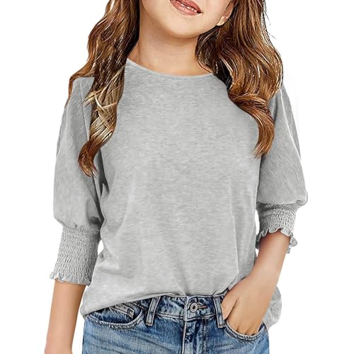 Girls' Casual Top Puff Sleeve Soft Lightweight Blouse Smocked Cuffs Crew Neck Fall T-Shirt for Kids