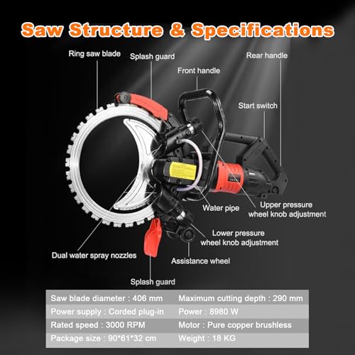 8980w Electric Ring Saw Wall Chaser,3000 RPM Concrete Cutting Machine,with 11.4in Depth,Water Cooling & Diamond Blade,for Construction,Renovations 8 8980w Electric Ring Saw Wall Chaser,3000 RPM Concrete Cutting Machine,with 11.4in Depth,Water Cooling & Diamond Blade,for Construction,Renovations - Image 8