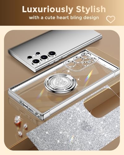 Image of XYZ for Galaxy S25 Ultra Case with Stand, for Samsung Galaxy S25 Ultra Case with Double Ring, Women Girls Bling Luxury Glitter Clear Phone Case Cover Heart for Samsung S25 Ultra, Silver