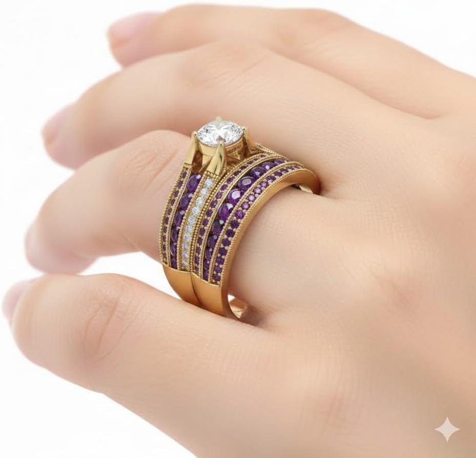 Choose Your Gemstone 3 Row Diamond CZ Milgrain Bridal Ring Set Yellow Gold Plated Round Shape Wedding Ring Sets Matching Jewelry Wedding Jewelry Easy to Wear Gifts US Size 4 to 12