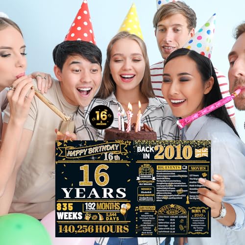 HOMANGA 16th Birthday Card, 16th Birthday Gifts for Boys Girls, Jumbo Back in 2010 Card & 16 Badge with Envelope for Daughter, Son, Him, Her, 16 Bday Decorations, Black Gold, 20x25cm - Image 3