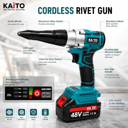 Image of KAITO KT-5801 Cordless Brushless Rivet Gun 48V Li-ion | 2x 48V 5.0Ah Batteries, 20,000N Pull Force, Includes Fast Charger, 2.4-4.8mm Rivet Size, Carry Case Included