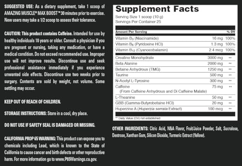 Image of Amazing Muscle Max Boost | 25 Servings | Intense Pre-Workout Supplement for Men & Women | Contains Creatine Monohydrate, Caffeine, Beta-Alanine, Betaine (25 Servings, Pineapple Mango)